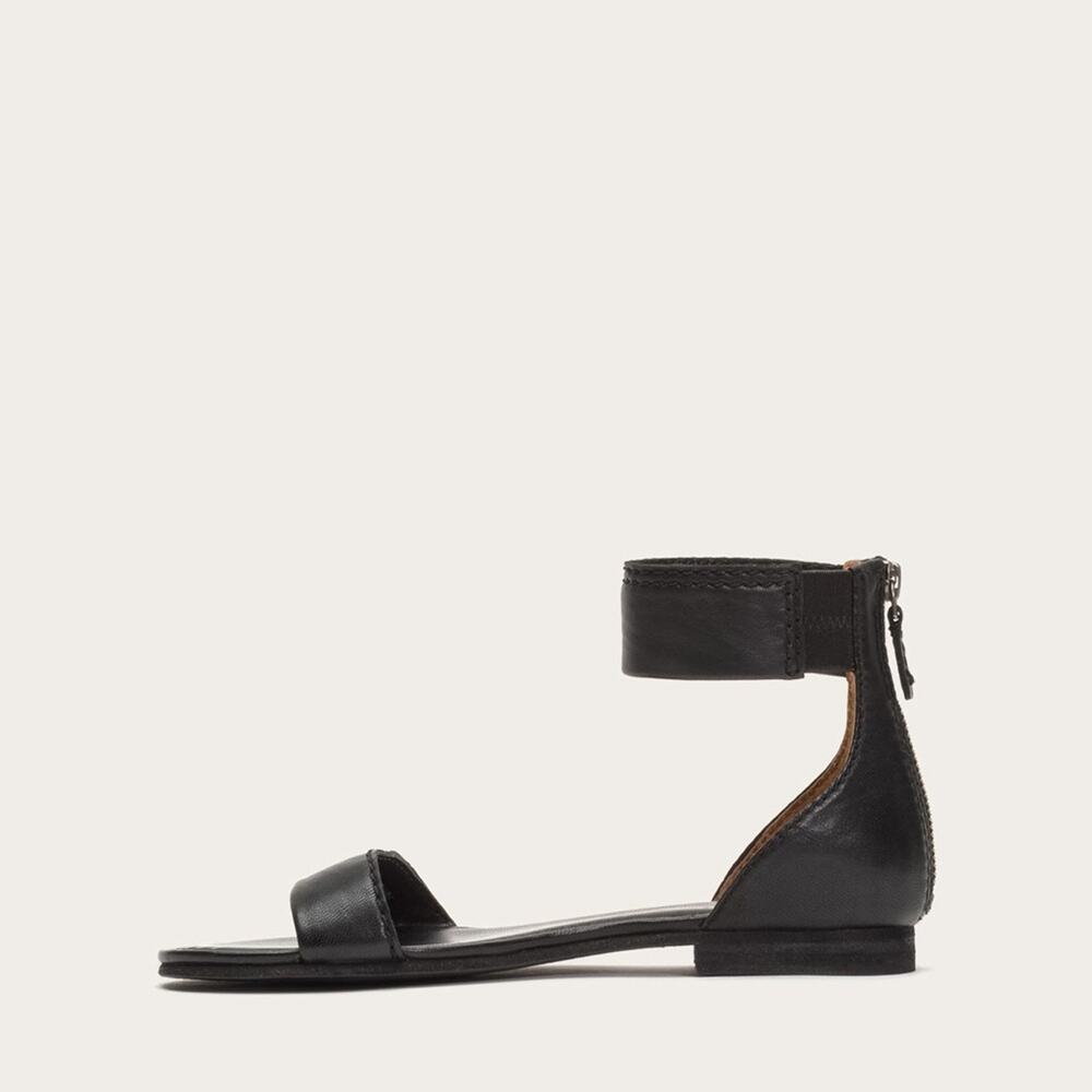 Frye Carson Black Leather Zip Ankle Strap Flat Sandals Size 6